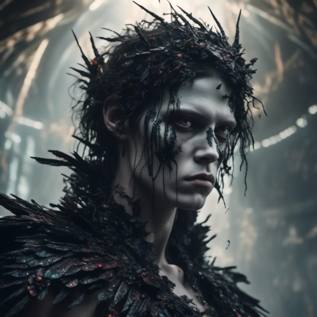 Dark Fantasy Angel with Torn Wings, Hyperrealistic Art