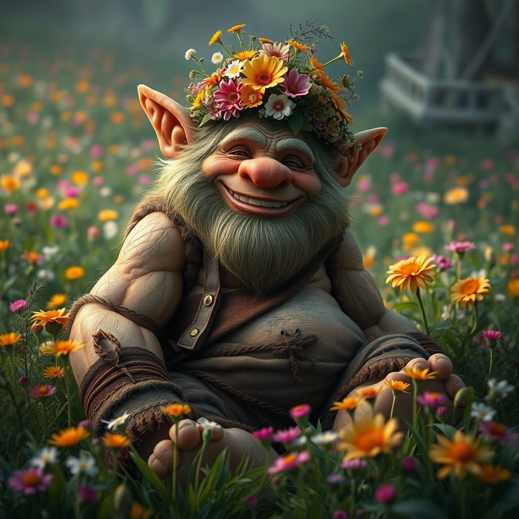 Troll with Wildflower Crown in Lush Meadow