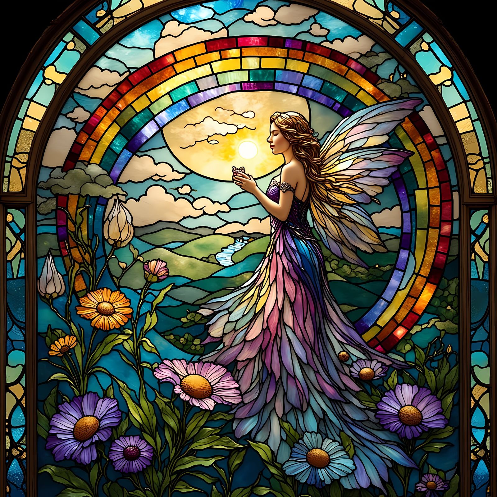 Epic Stained Glass Moon Fairy Rainbow Scene