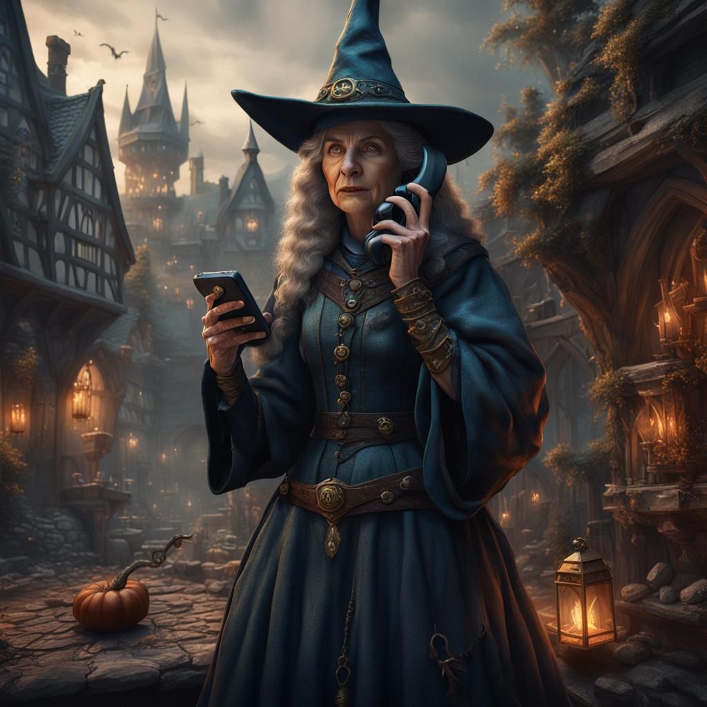 Medieval Witch Using a Mobile Phone