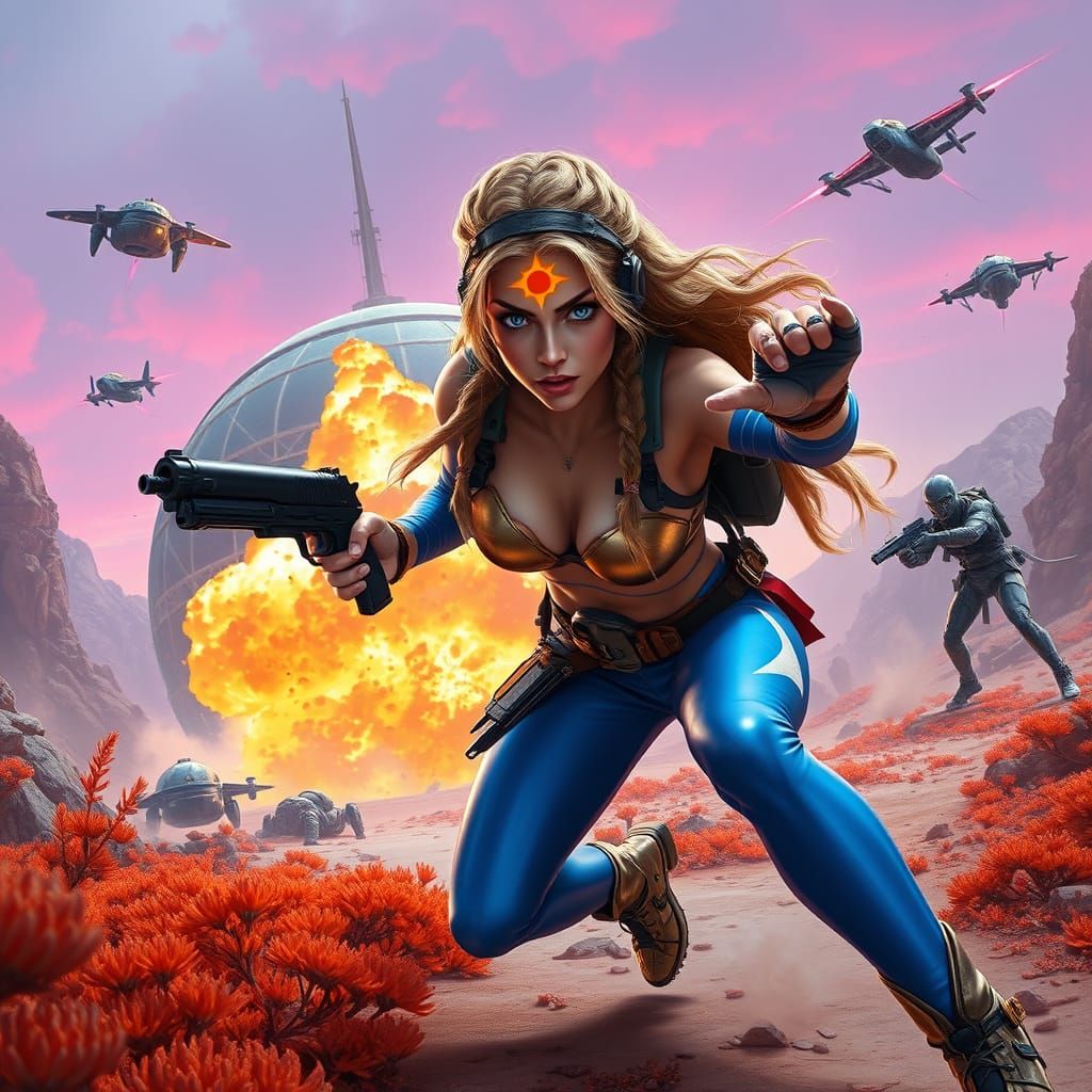 Medieval Warrior Priestess Dives for Cover in Futuristic Ali...