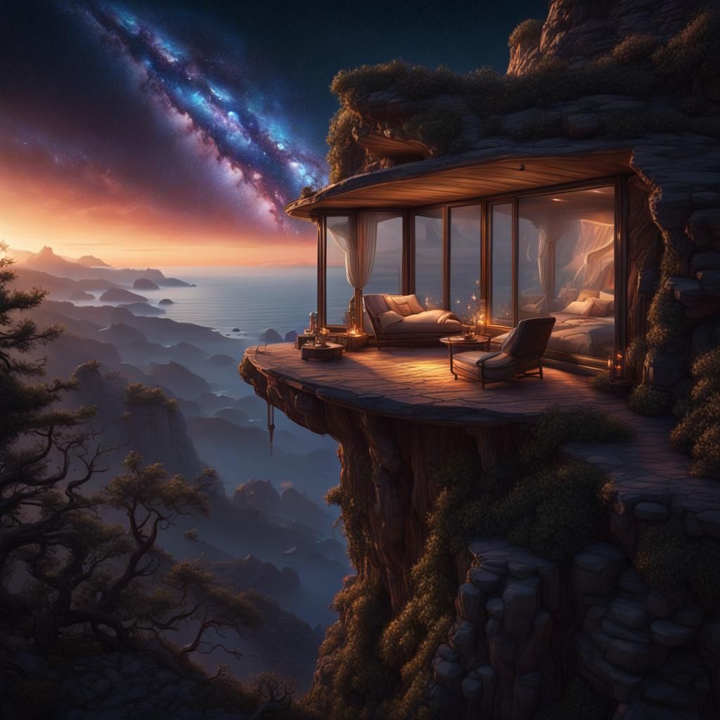 Cliffside Retreat with Starlit Galaxy View