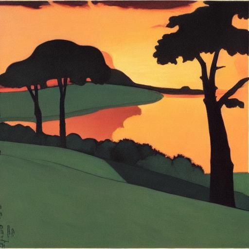 Sunset Landscape in Woodcut Style
