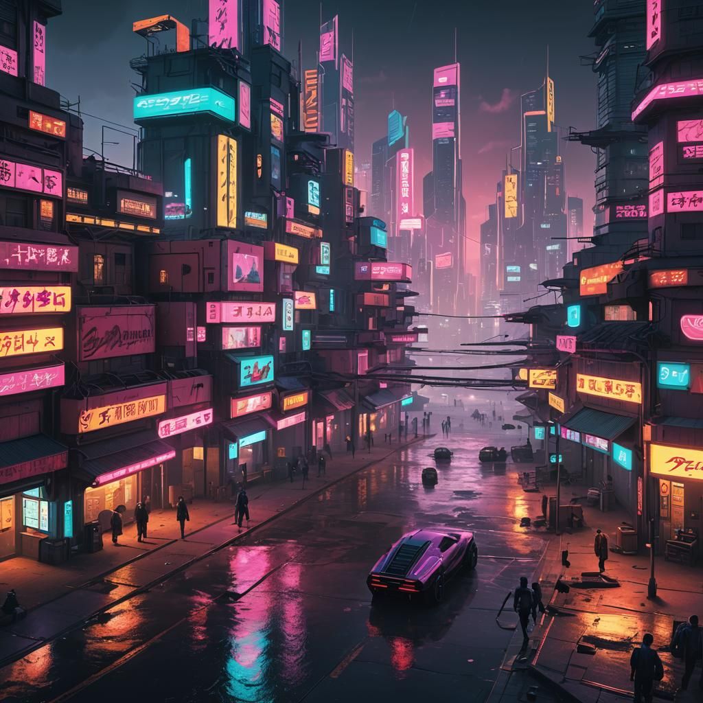 Cyberpunk City Beachfront in Neon Style