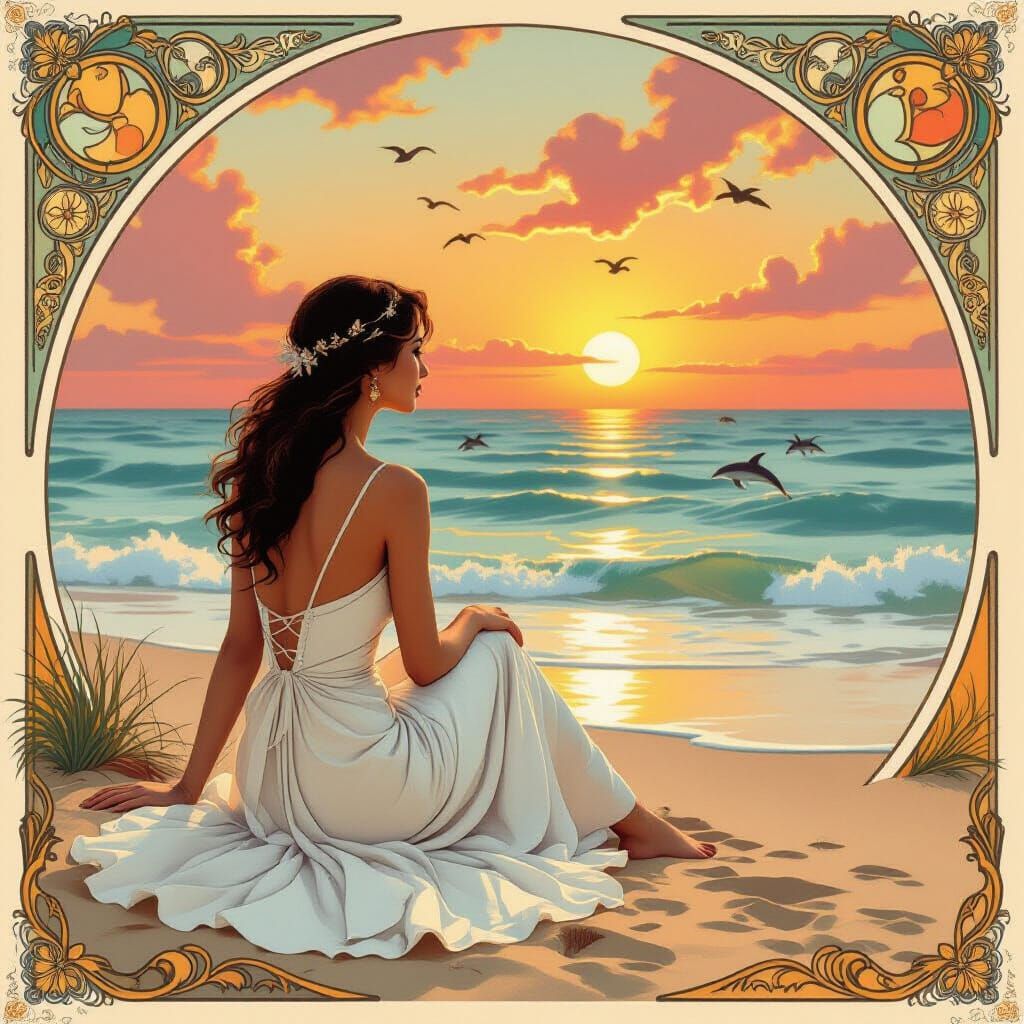 Woman in White Dress Watching Sunset