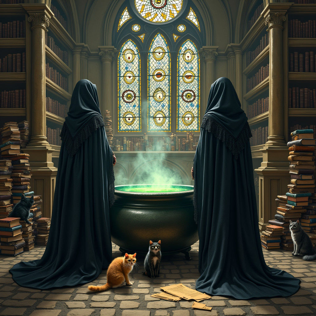 Mystical Castle Scene with Women and Cauldron