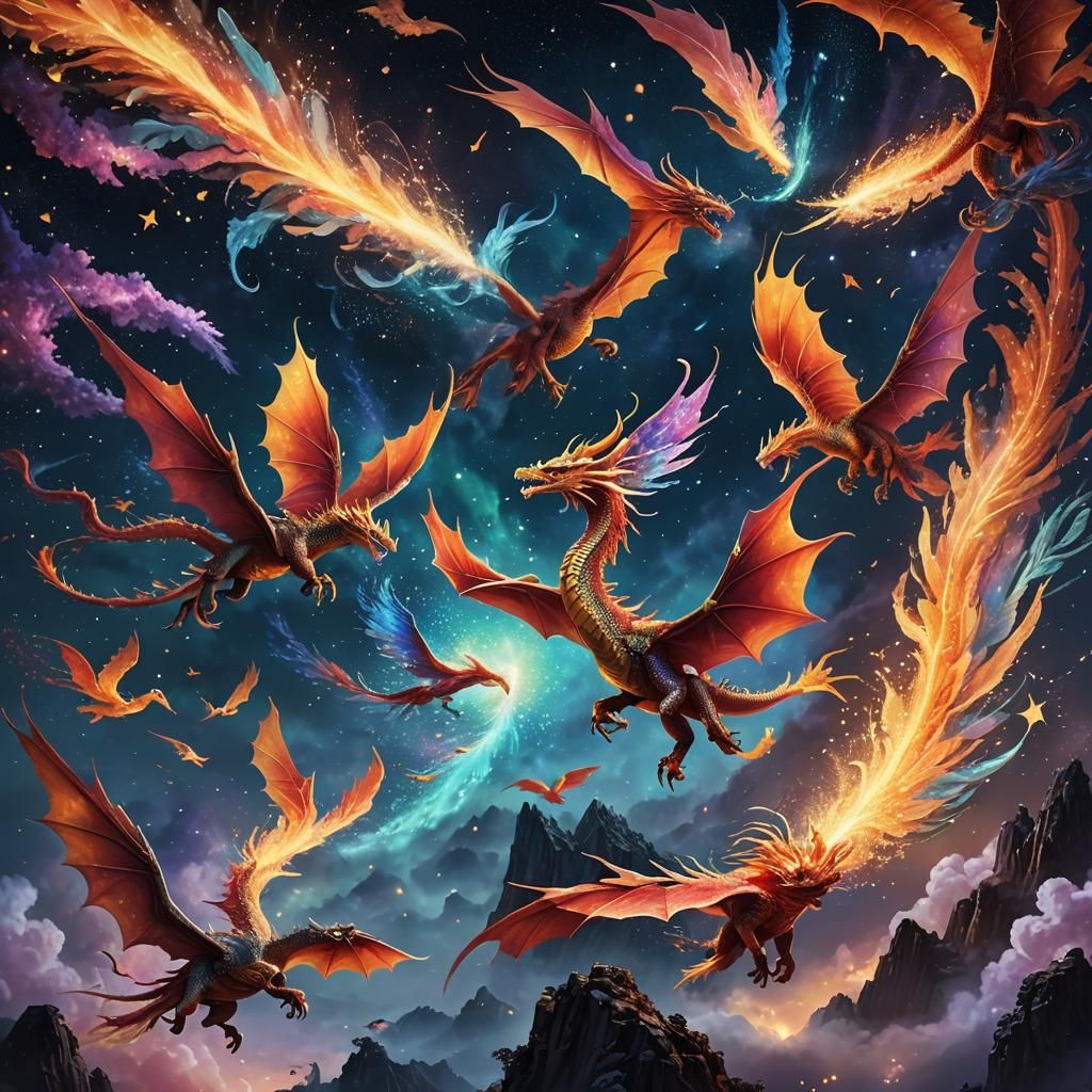 Dragons and Phoenixes Fly in Cosmic Surrealism