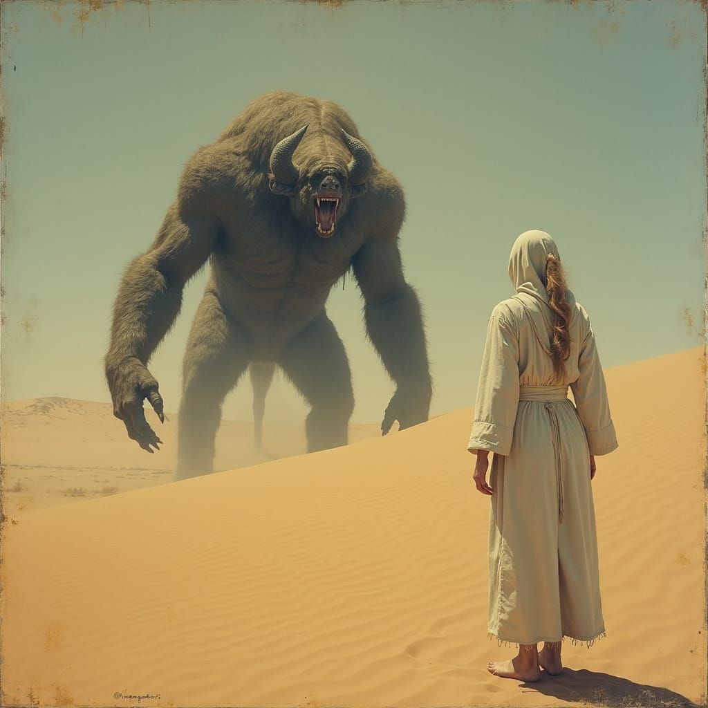 Vintage Oil Painting: Desert Beast Emergence