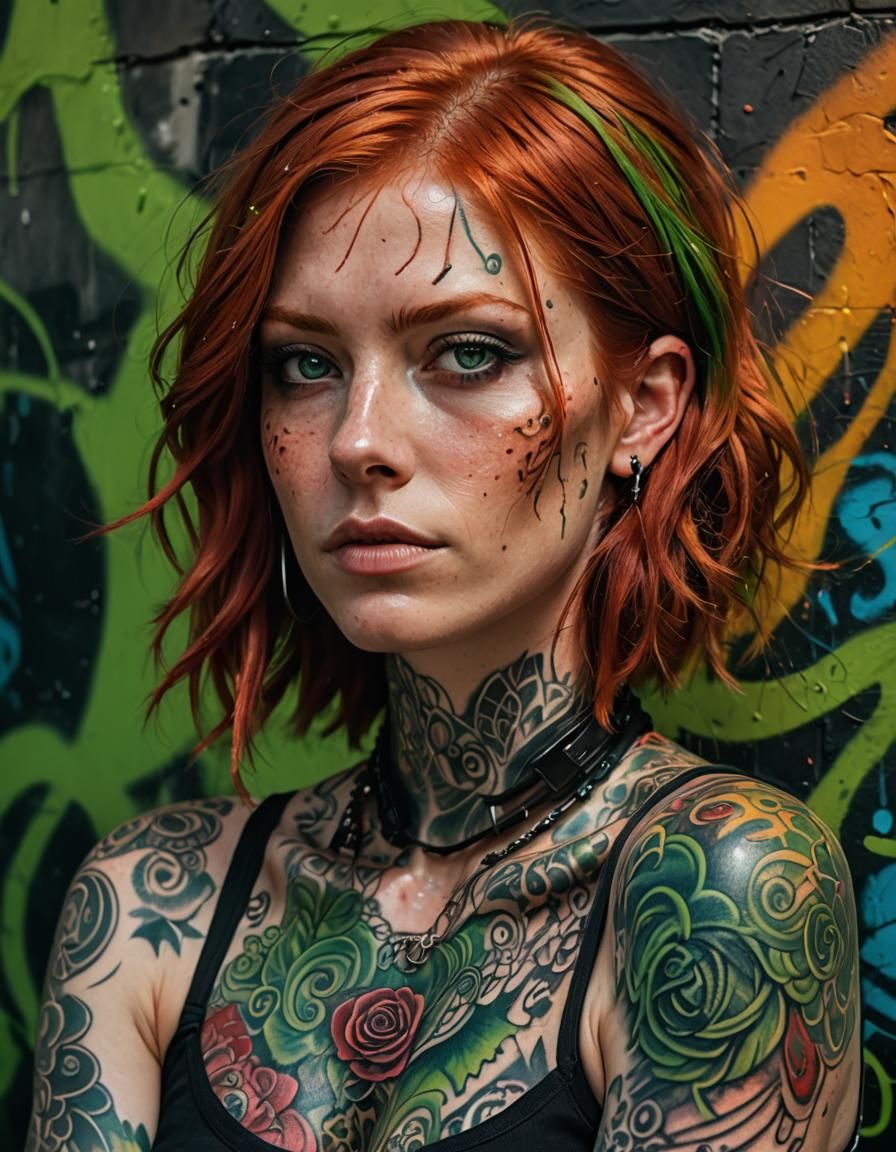 Red-Haired Person with Tattoos in Digital Art Style