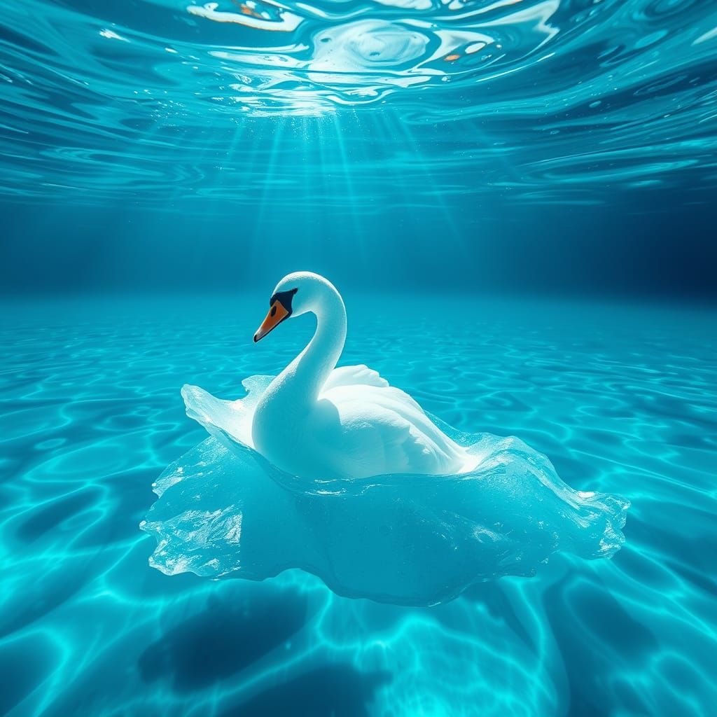picture a serene underwater scene where a melting ice sculpture of a swan floats gently in the turquoise water, its deli...