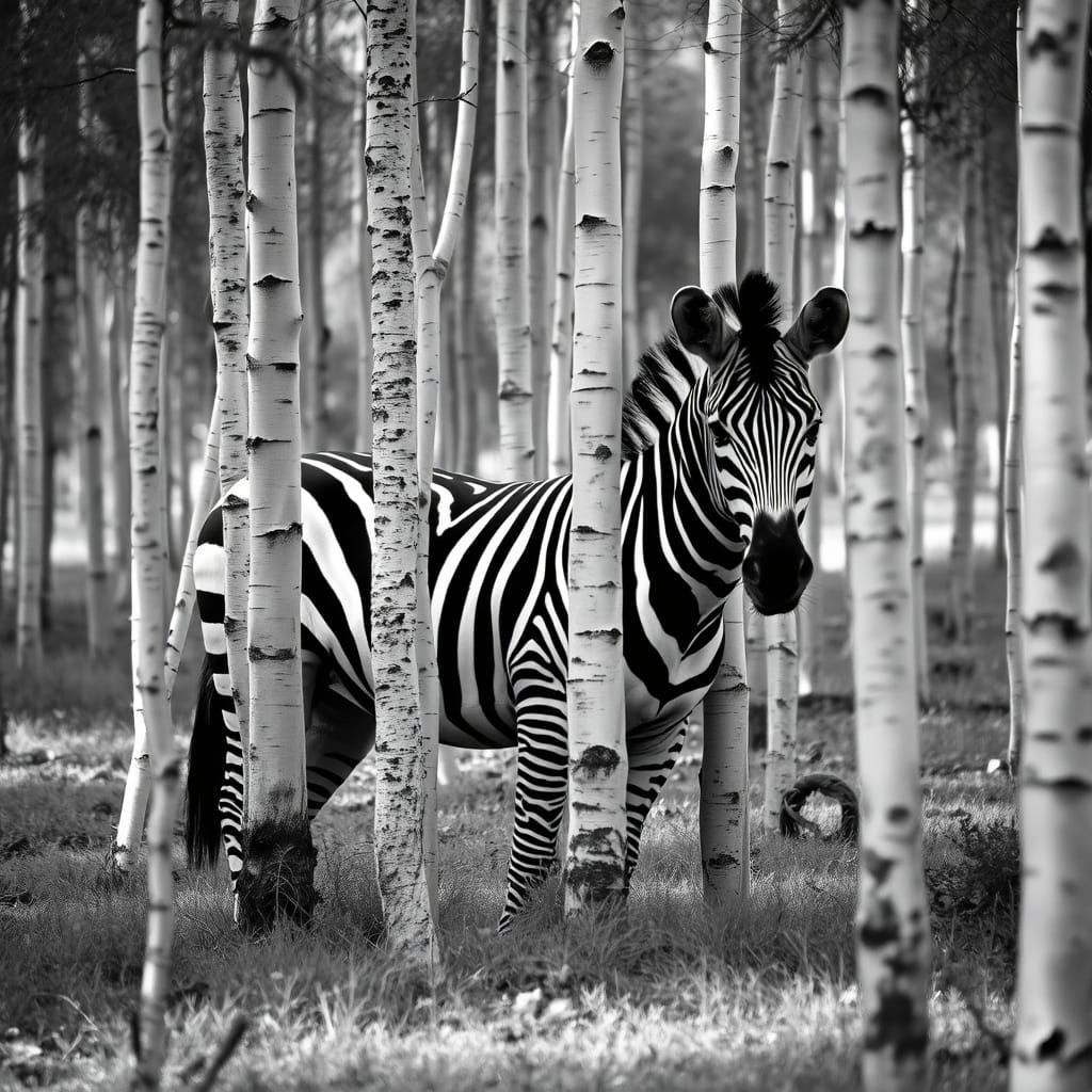 Getarntes Zebra im Birkenwald