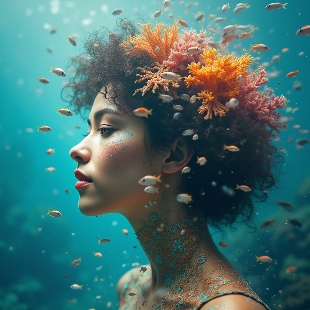 Surreal Portrait of a Woman with a Vibrant Coral Reef