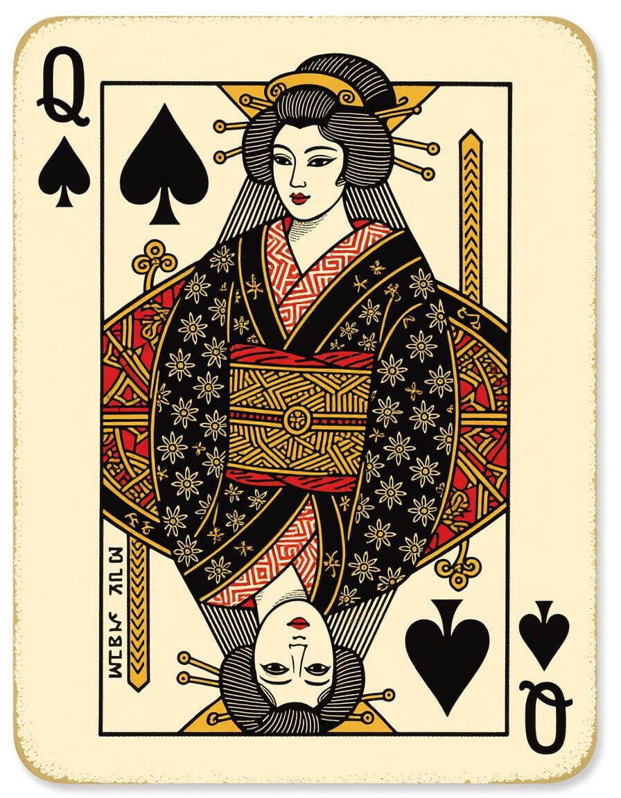Queen of Spades as Geisha in Woodcut Style
