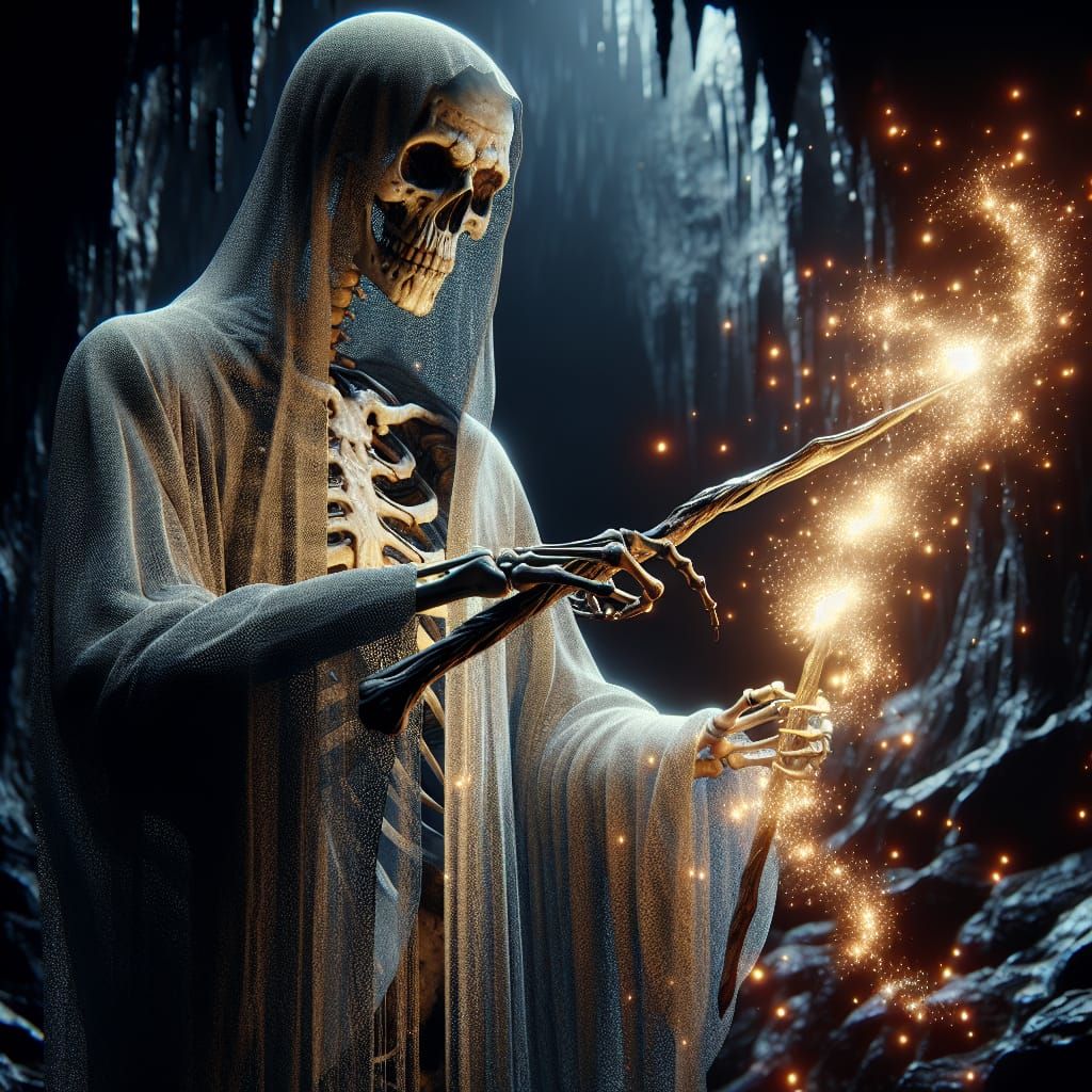 Skeletal Sorcerer in Dark Cave: 8k Fantasy Image