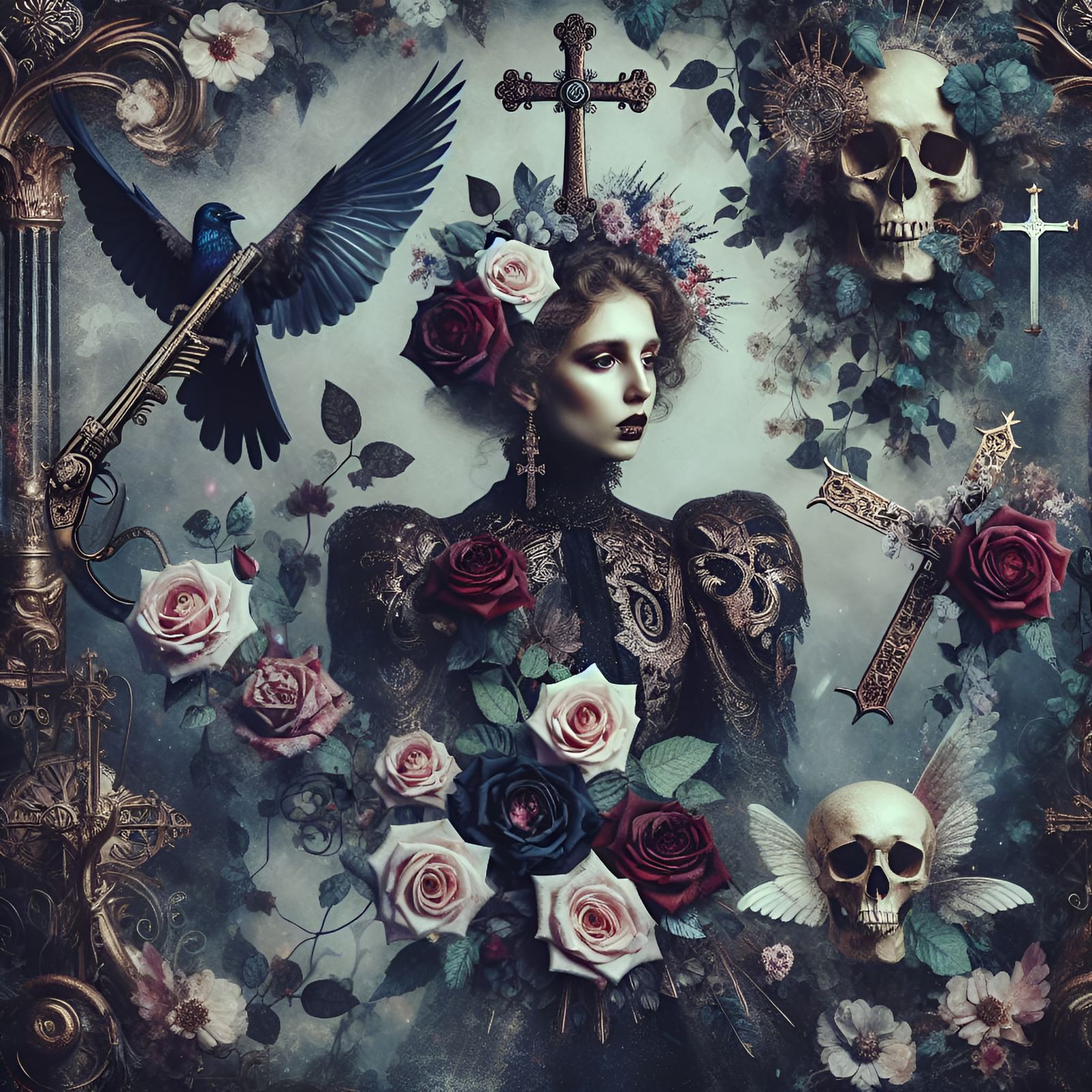 Gothic woman, Emilie Autumn, roses, guns, skulls, ivy, cross...