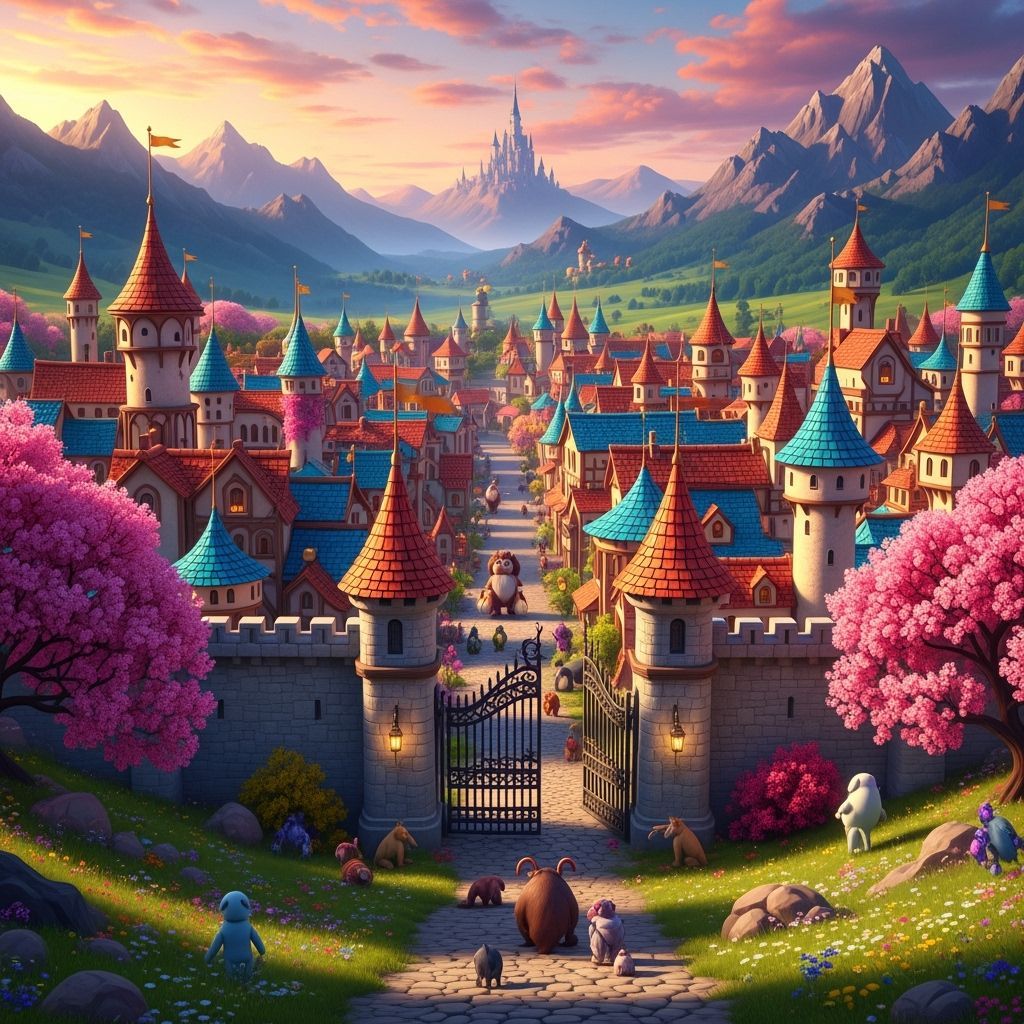 Colorful Walled Town Valley with Castle: 3D Render