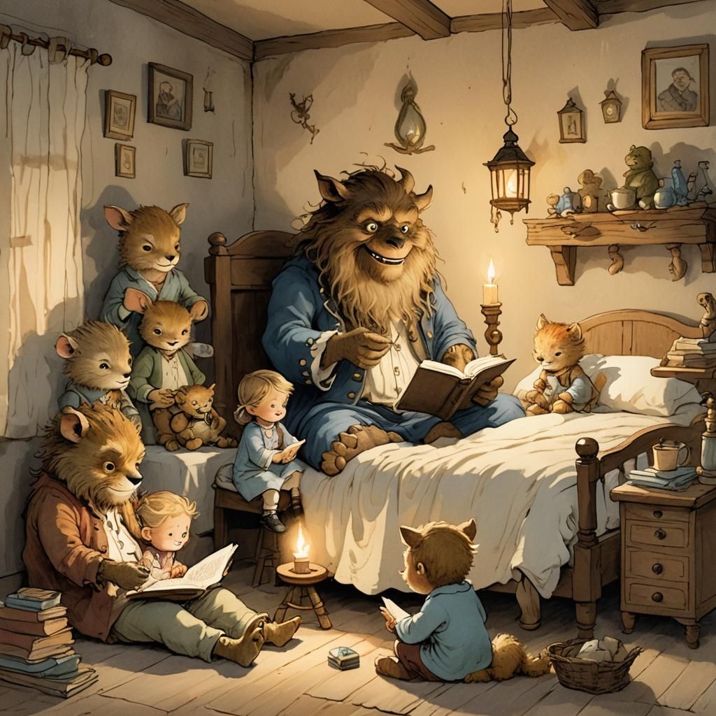 Whimsical Monster Reads to Toddlers in Cozy Bedroom