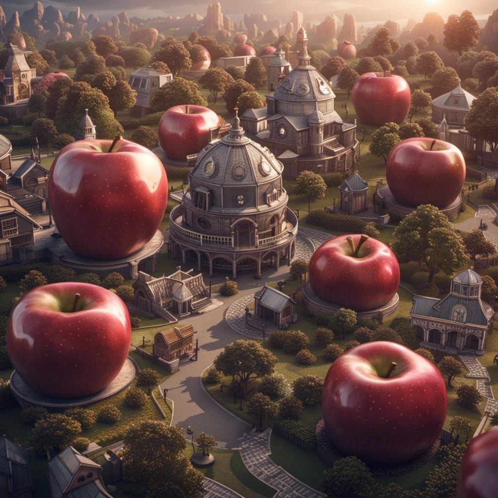 Futuristic Apple Village: Sci-Fi Digital Art