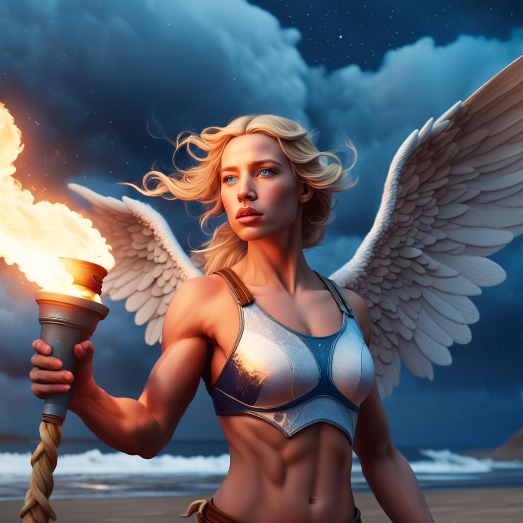 Sensual Angel Goddess Awakens amidst Stormy Skies