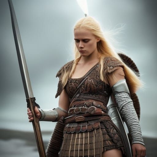 Hyperrealistic Viking Warrior Woman with Blond Hair