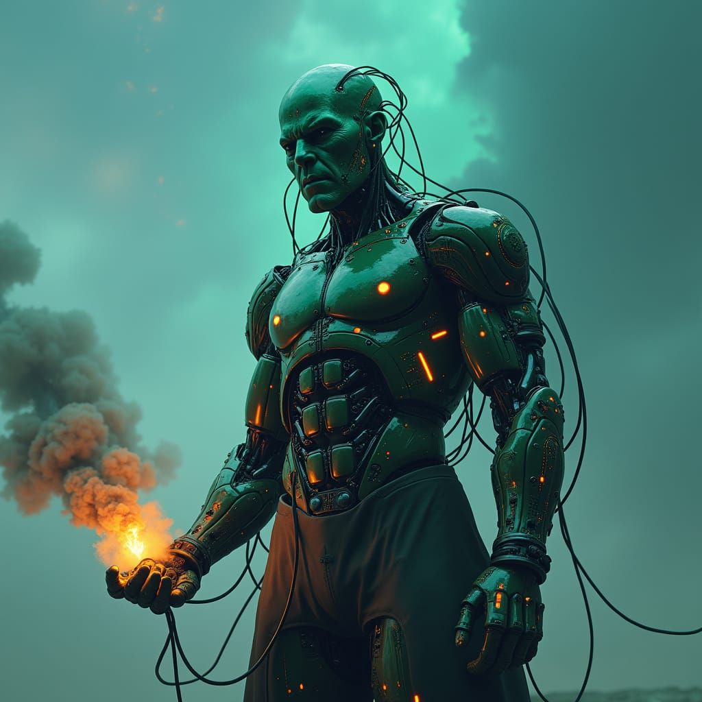 Picard as Borg Drone Smoking, in Cyberpunk Style