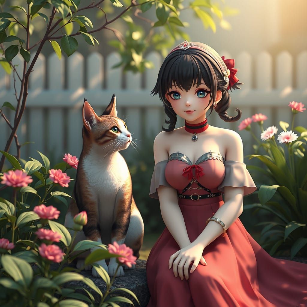 Anime-Inspired Cat Woman Enjoys Garden Oasis