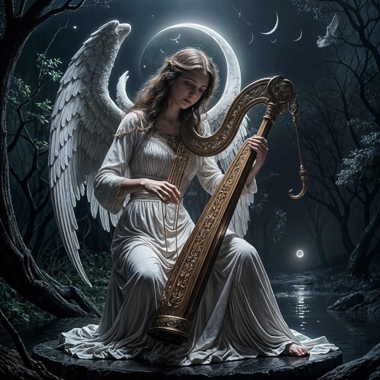 Angel of Death Plays Enchanted Harp Under Celestial Moonligh...