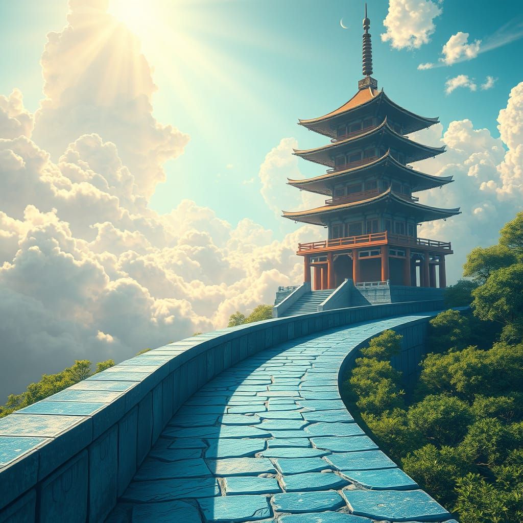Ethereal Anime Pagoda Ascends to Luminous Skies