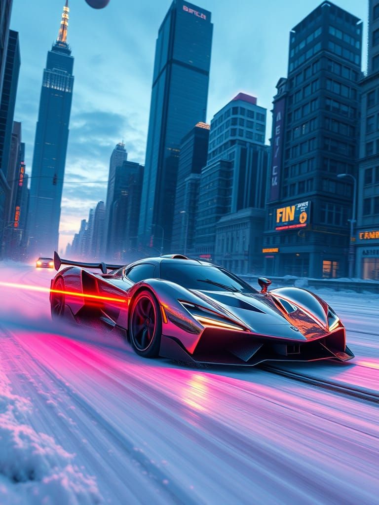 Sleek Futuristic Supercar Speeds Through Snowy Metropolis at...