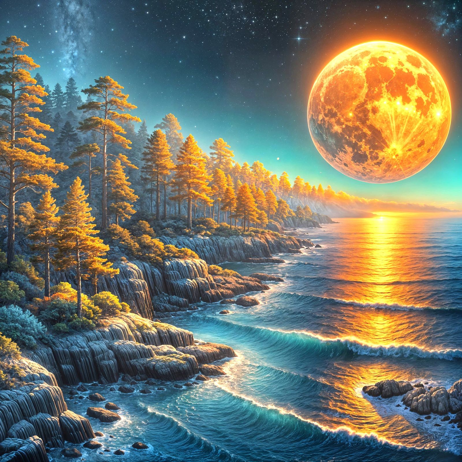 Impressionistic Coastal Twilight with Full Moon