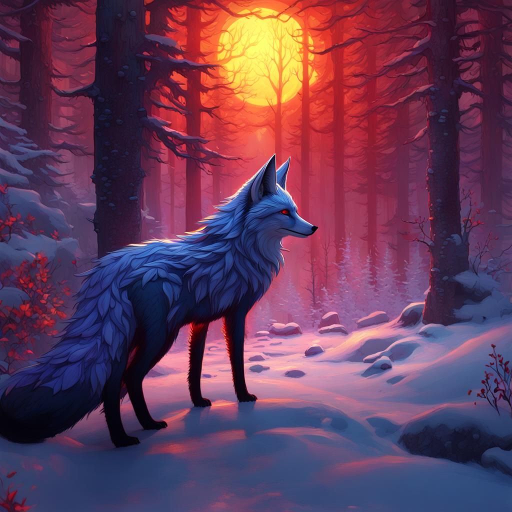 Blue Fox in Winter Gold Forest, Red Sun