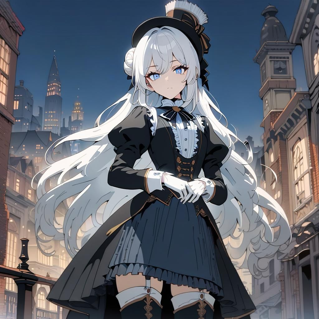 Victorian Woman with Blue Eyes in Cityscape