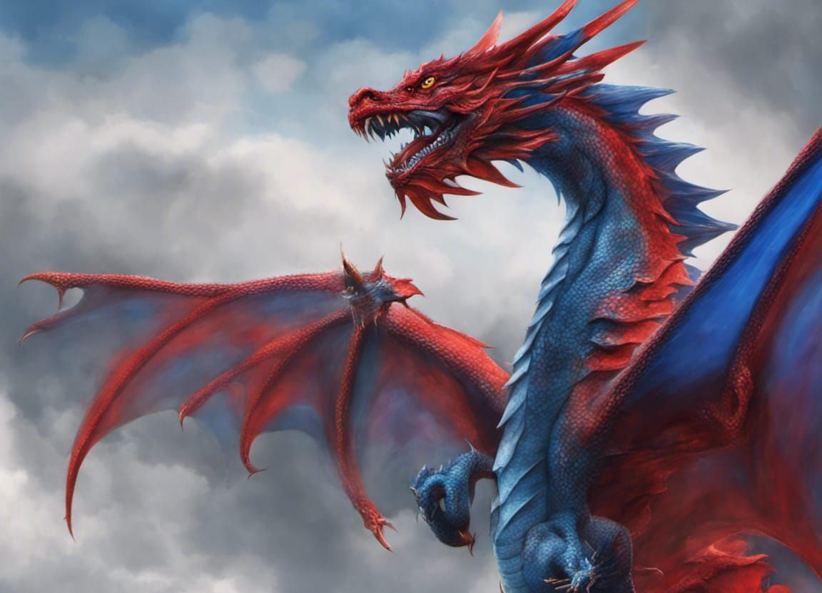 Red and blue Dragon flying