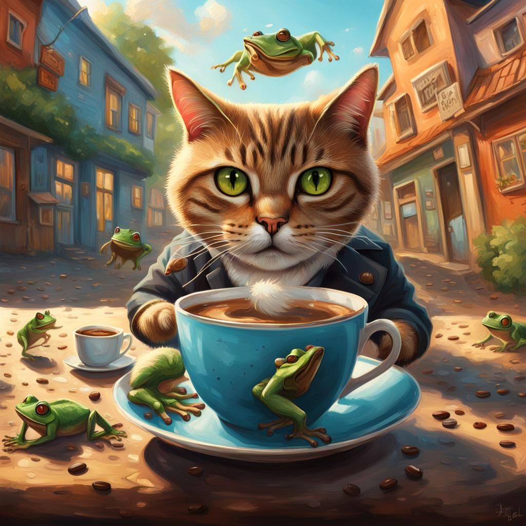 Detective Cat Investigates Frog Village in Splash Art
