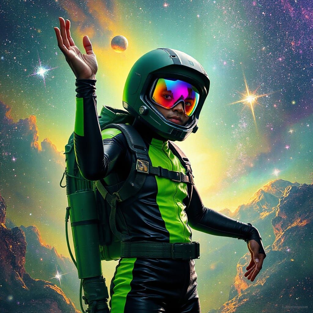 Galactic Rapper Soars Amidst Vibrant Cosmic Elements