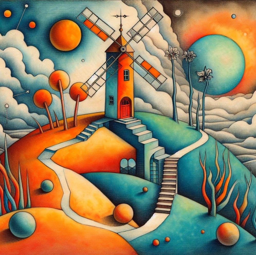 Cubist Windmill in Whimsical Celestial Landscape