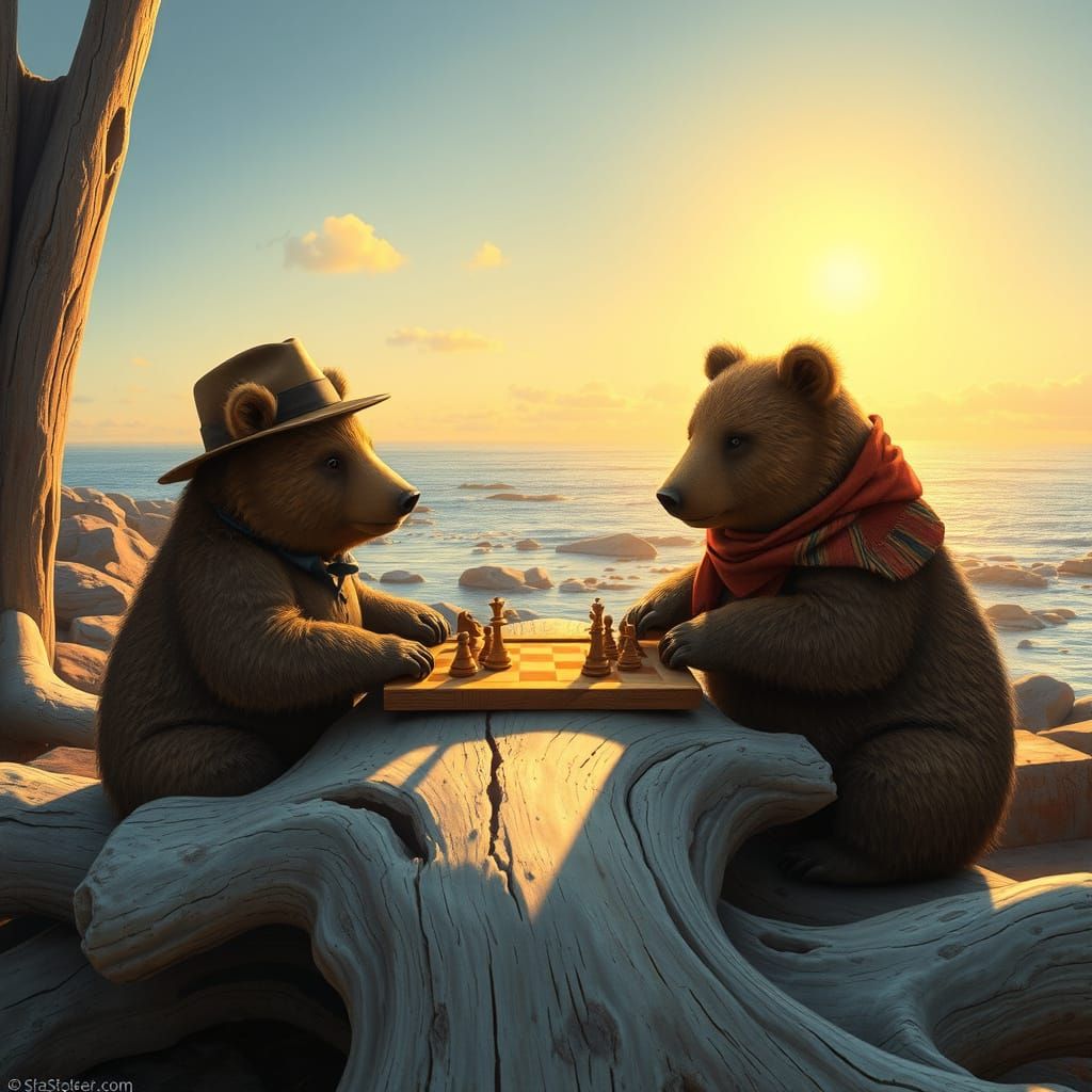 Bears Play Chess at Sunset, Whimsical Illustration