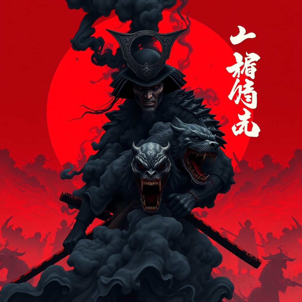 Samurai Emerges from Dark Smoke with Twisted Dog in Crimson...