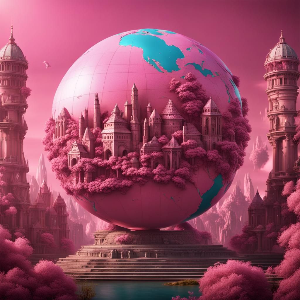 Pink Globe with 3D Monuments, Fantasy Concept Art