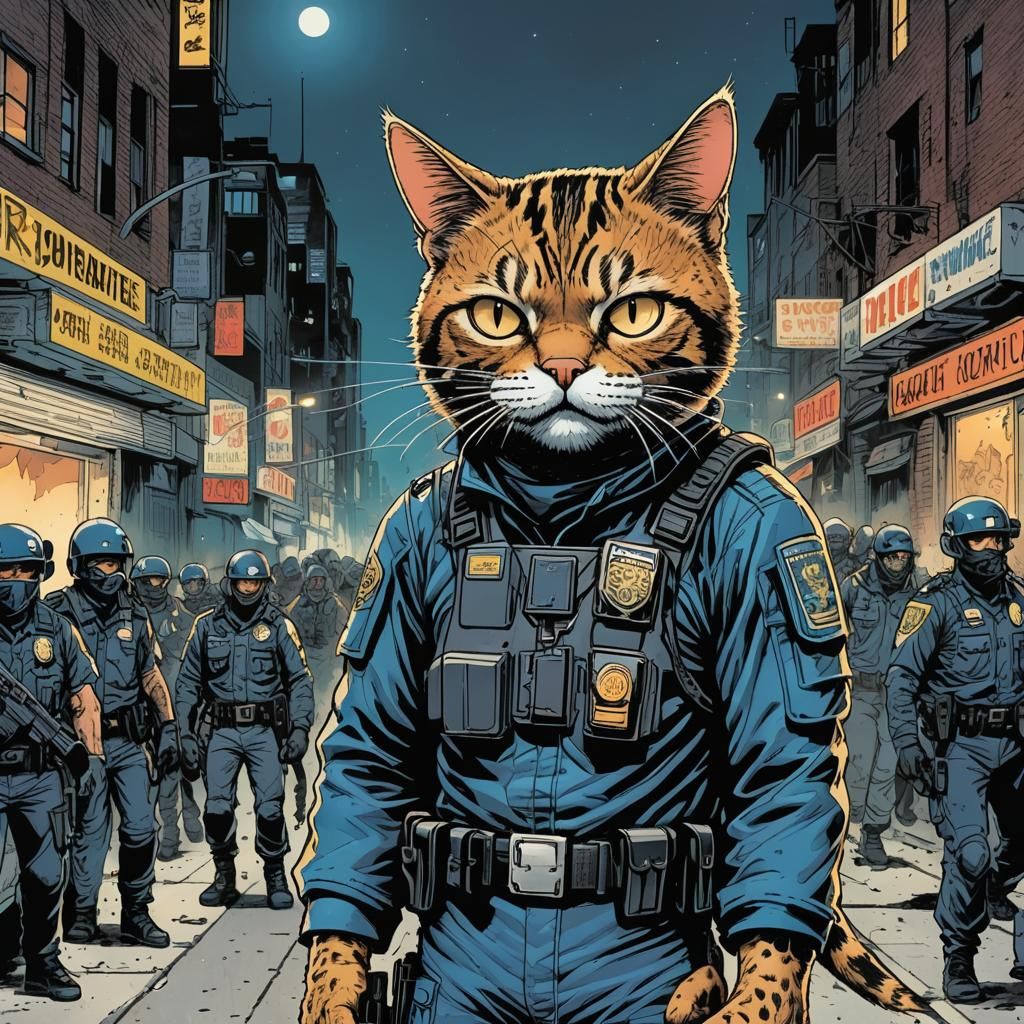 In the comic book style of John Romita Jr an evolved Cat humanoid in a police riot uniform on a dark star lit  cyberpunk...
