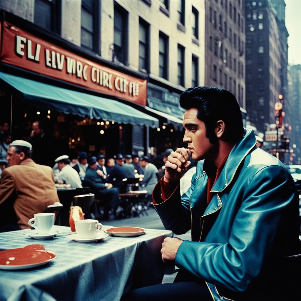 Elvis Presley at a Cafe: Cinematic Film Still