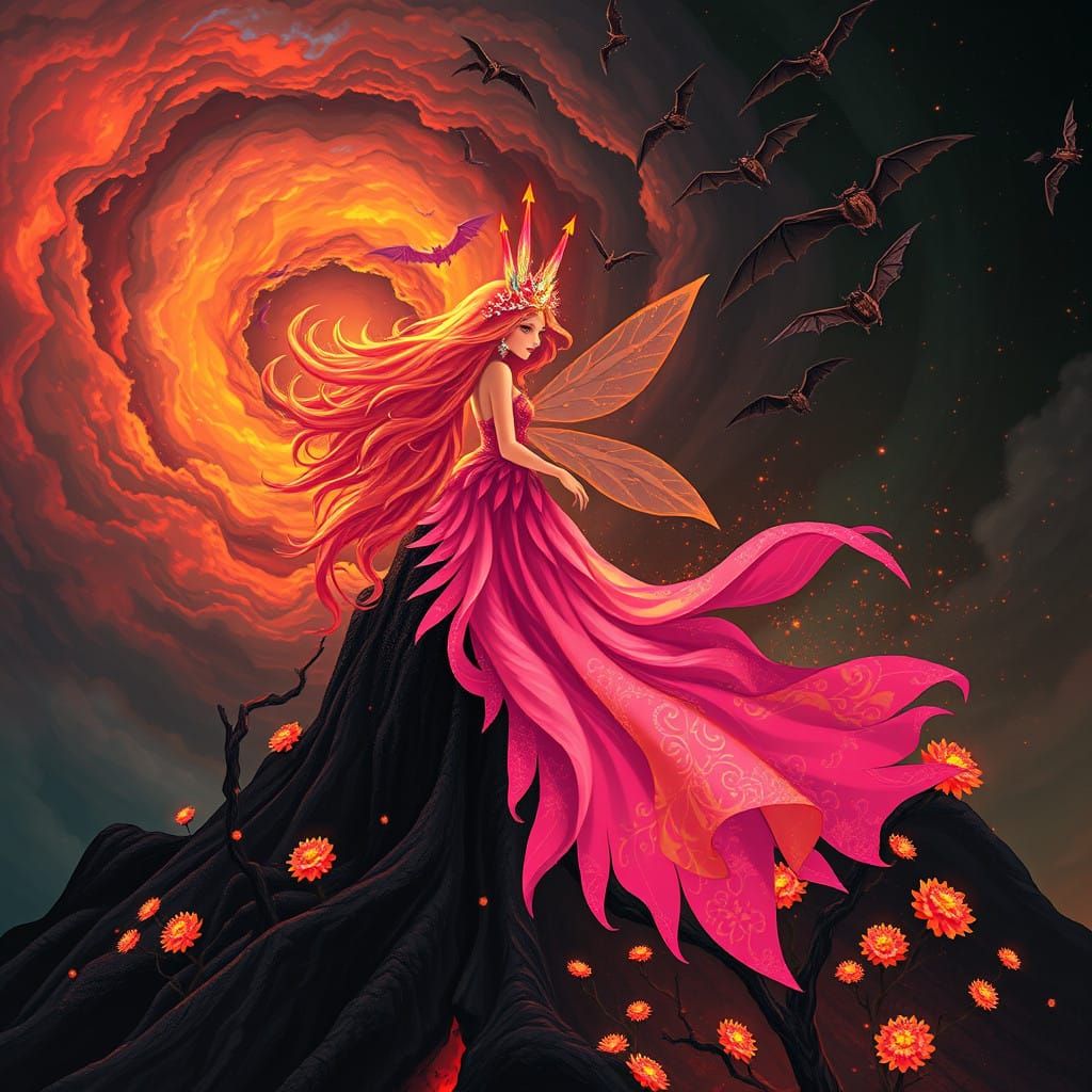 Fiery Fairy Princess Silhouetted Against Swirling Astral Clo...
