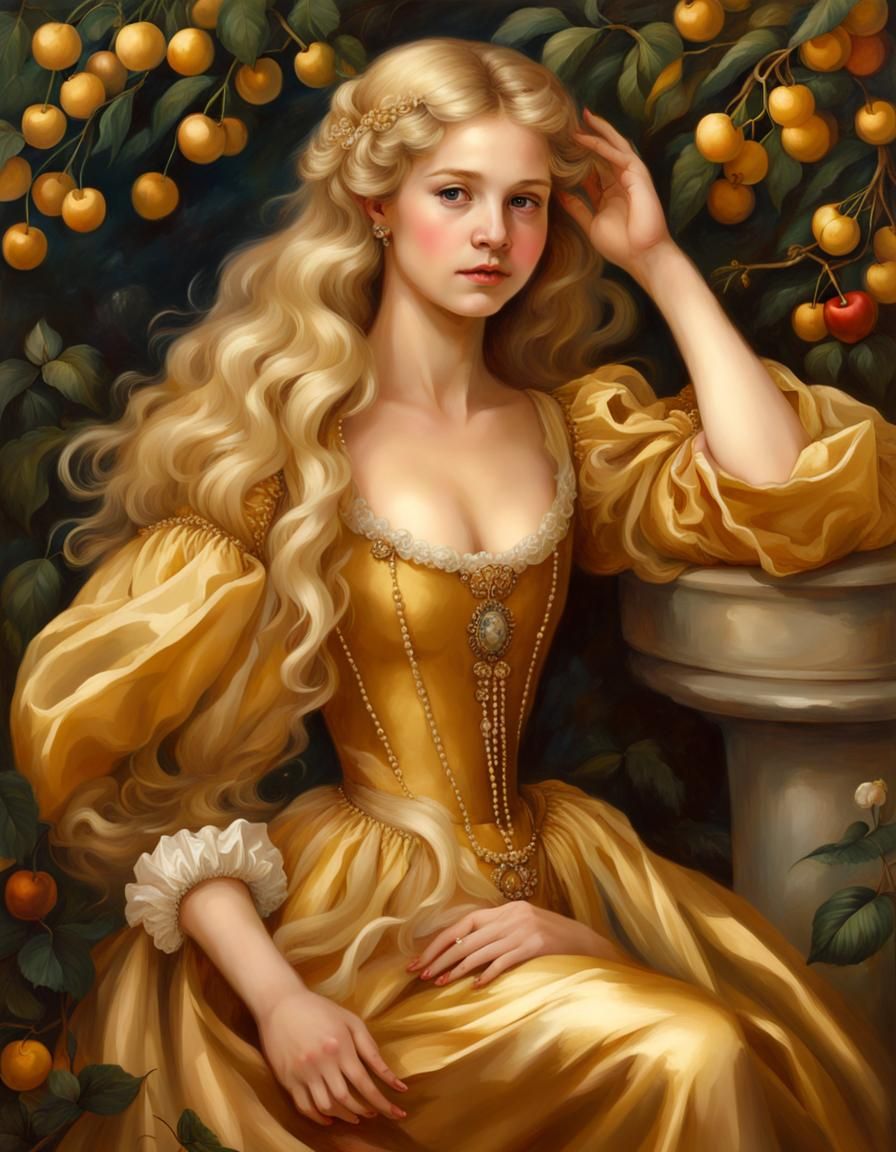 Renaissance Girl in Golden Dress in Cherry Garden