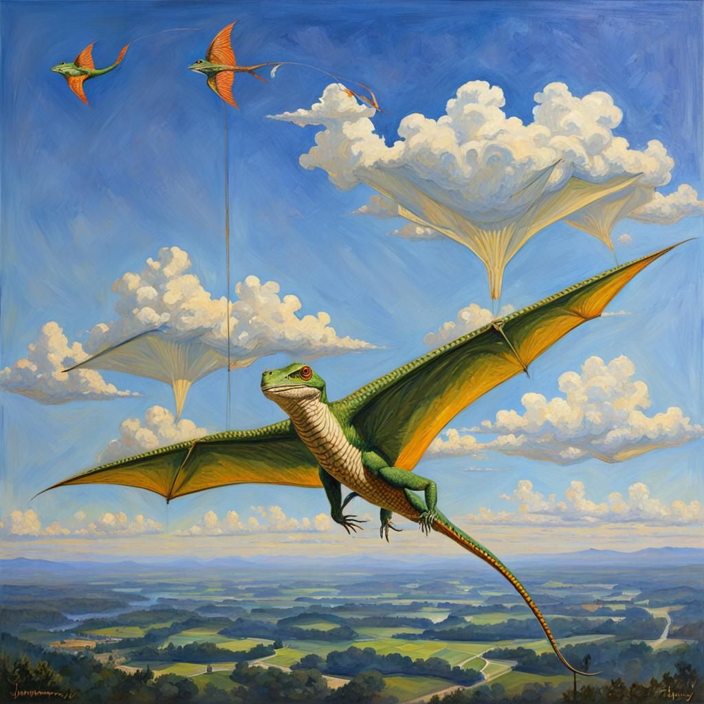 Winged Lizard Kite Soaring, Oil Painting
