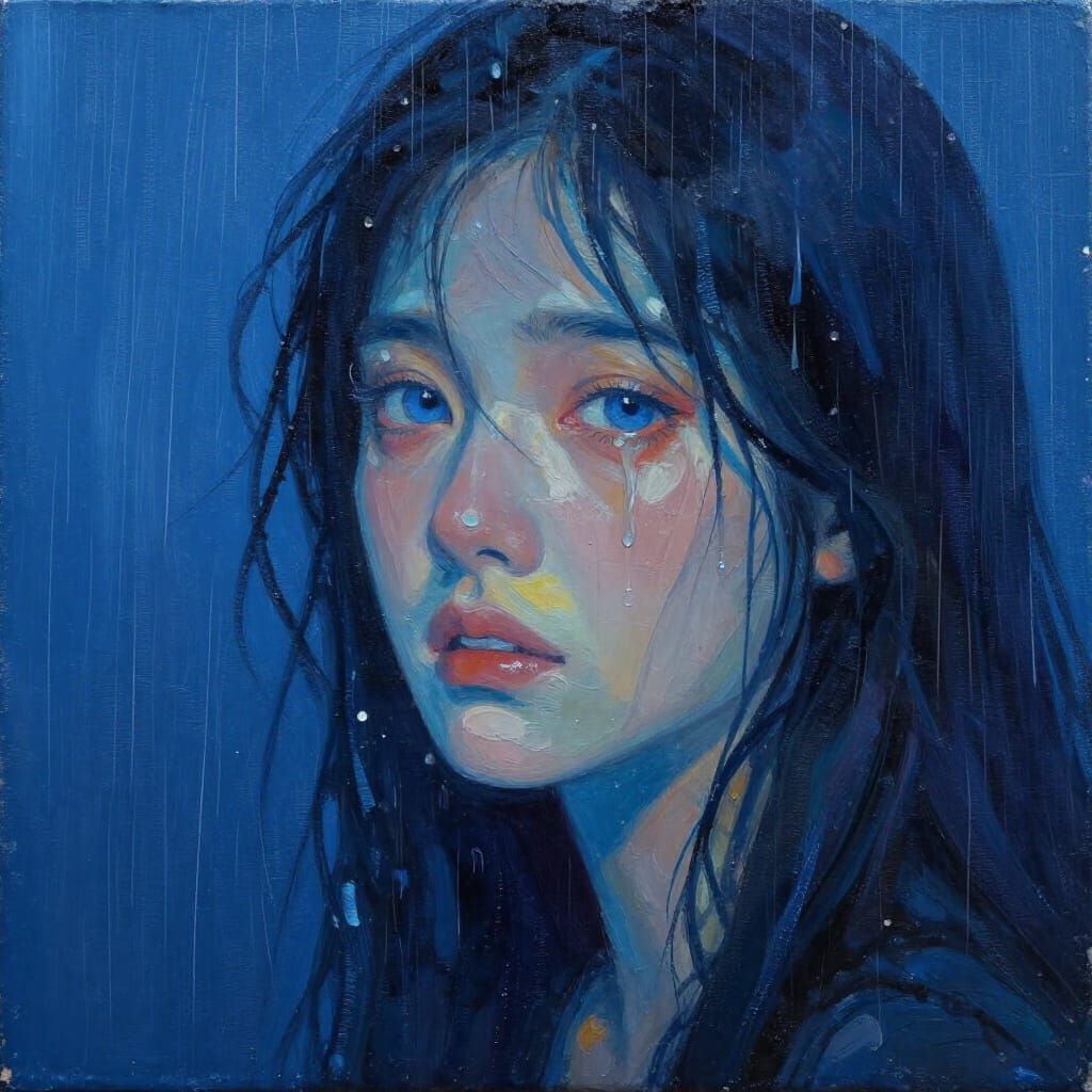 Woman Crying in Twilight Rain with Oil Paint Texture