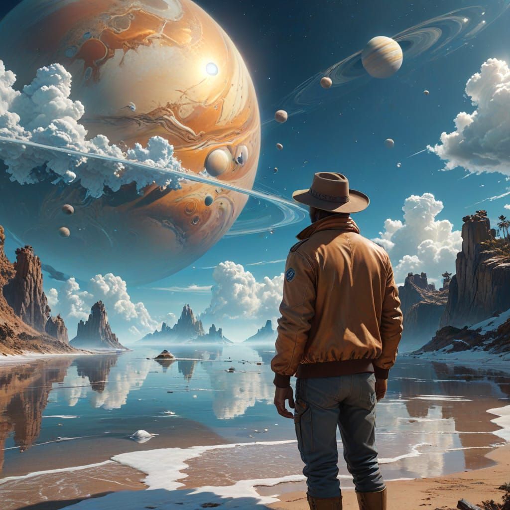 Surreal Coastal Scene with Saturn and Luminous Oasis