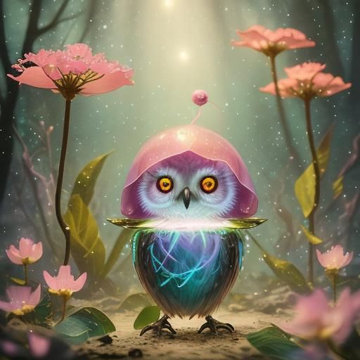 Neon Pink Chibi Owl with Sakura Flowers