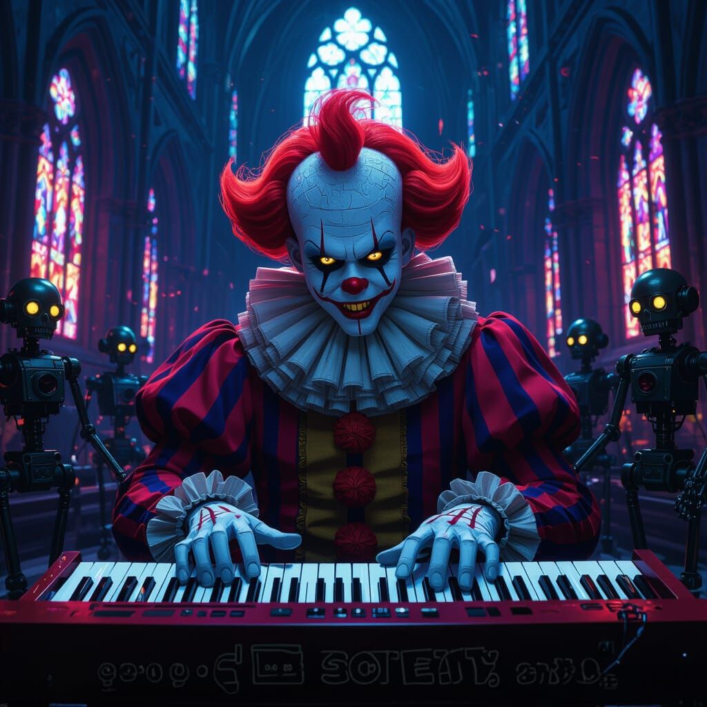 Sinister Anime Clown Plays Harpsichord in Expressionist Styl...