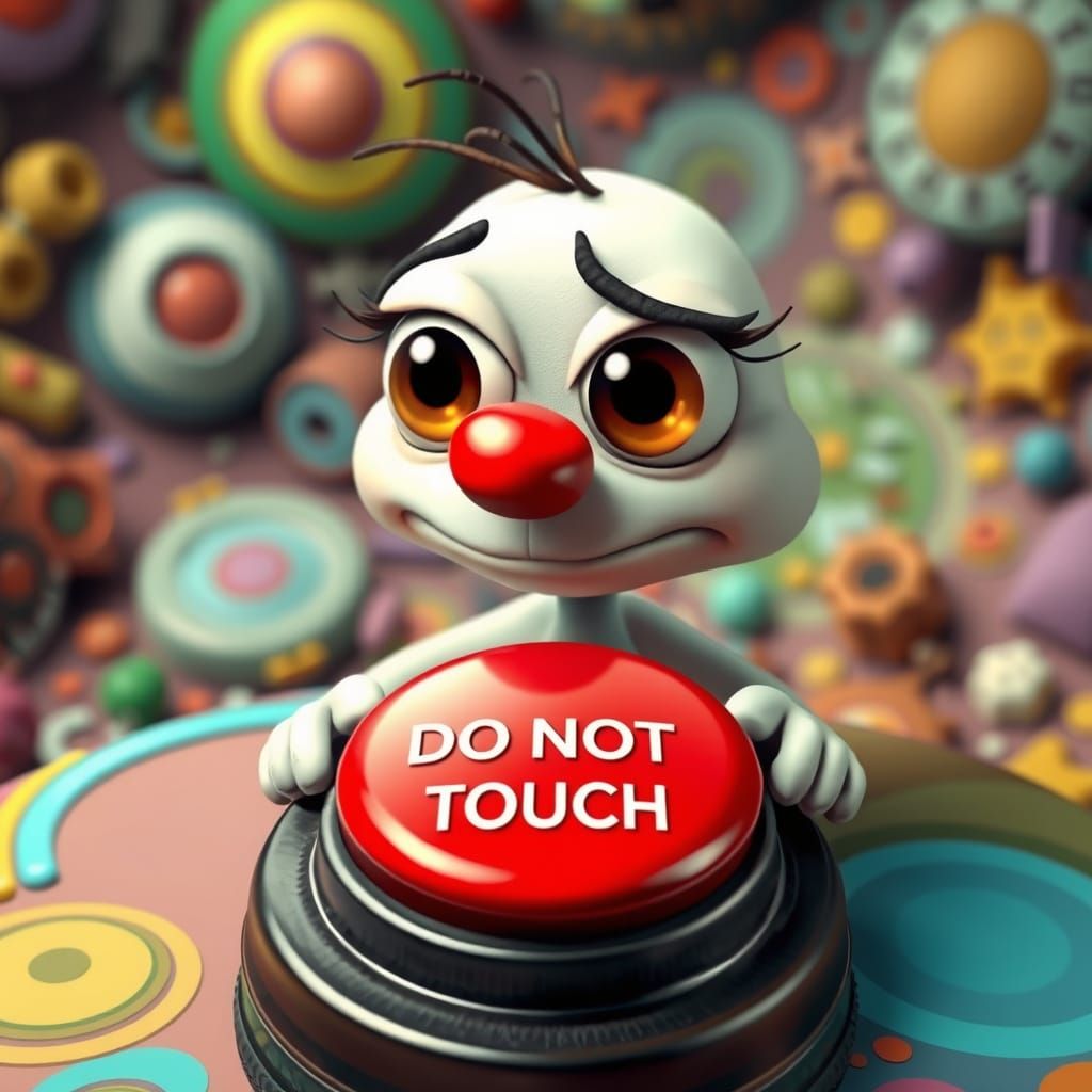 3d whimsical cartoon character hesitating nervously before a...