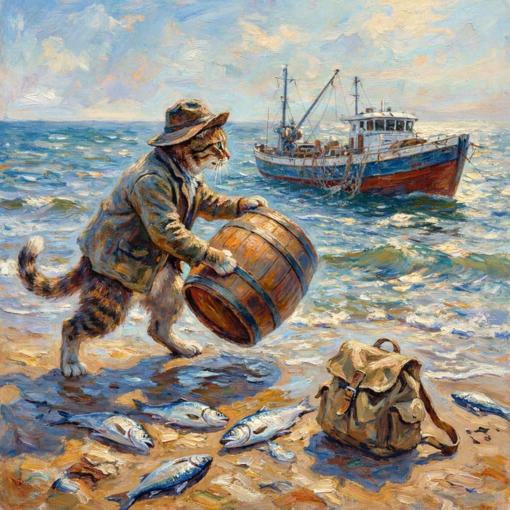Surreal Cat on Beach with Fish and Barrel
